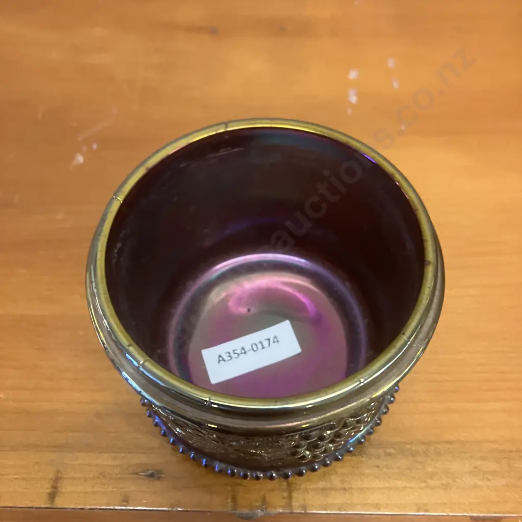 Antique Northwood 'Grape & Cable' Stippled Carnival Glass Powder Jar In Iridescent Amethyst Purple. 7 x 9cm Image 1++