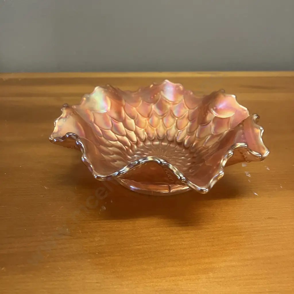 Antique Dugan 'Fish Scales & Beads' Marigold Iridescent Carnival Glass Ruffled Rim Dish Image 1++
