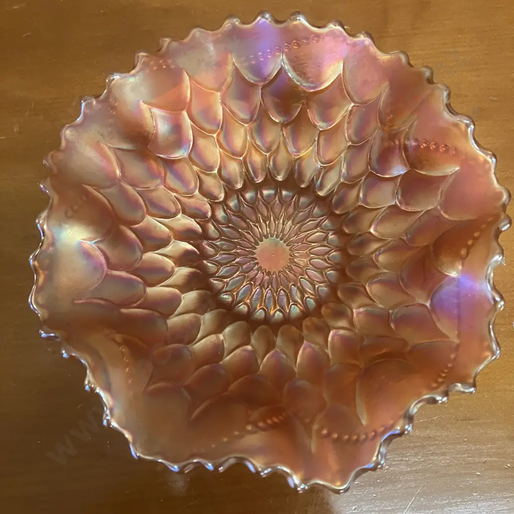 Antique Dugan 'Fish Scales & Beads' Marigold Iridescent Carnival Glass Ruffled Rim Dish Image 1++