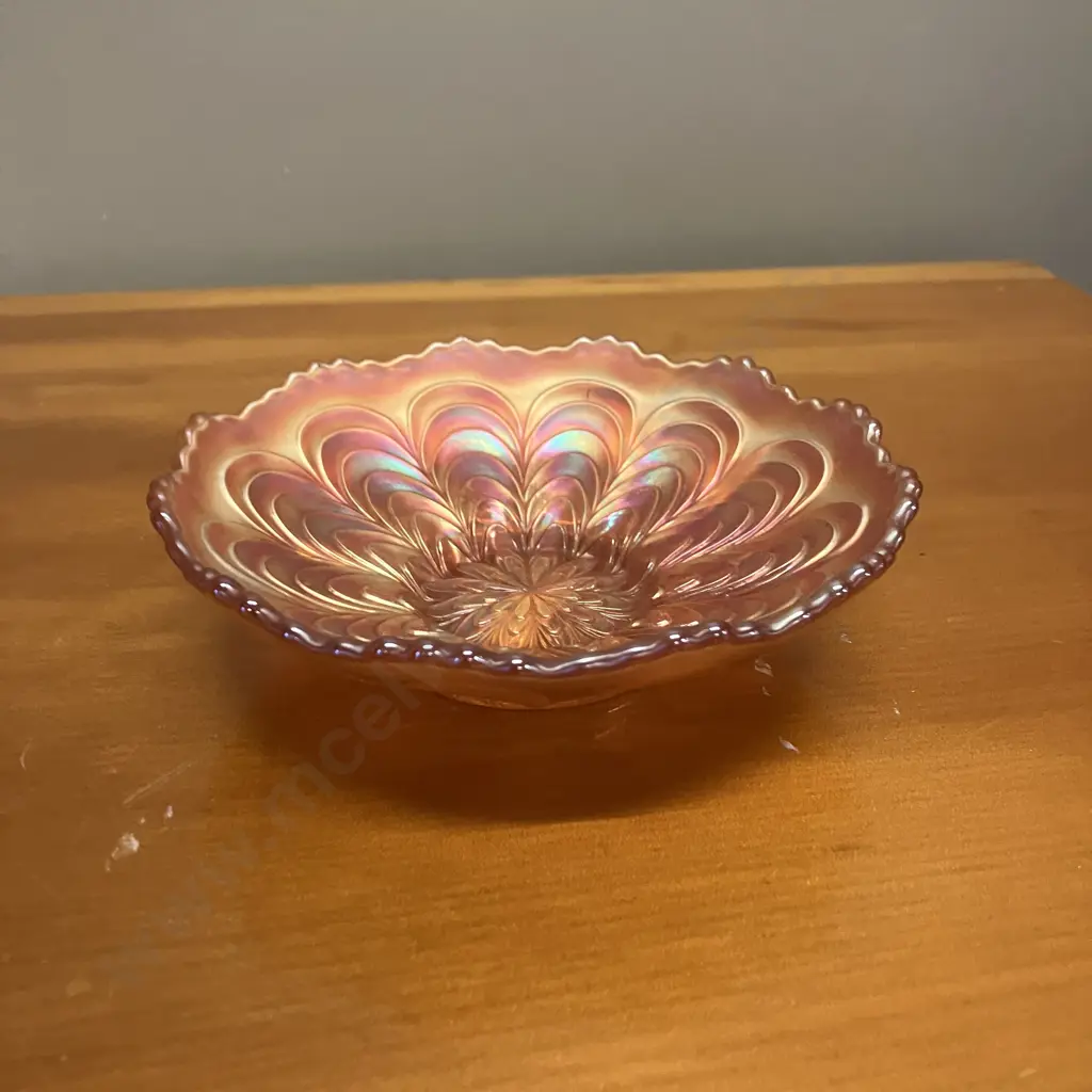 Fenton 'Peacock Tail' Marigold Iridescent Carnival Glass Ruffled Rim Dish Image 1++