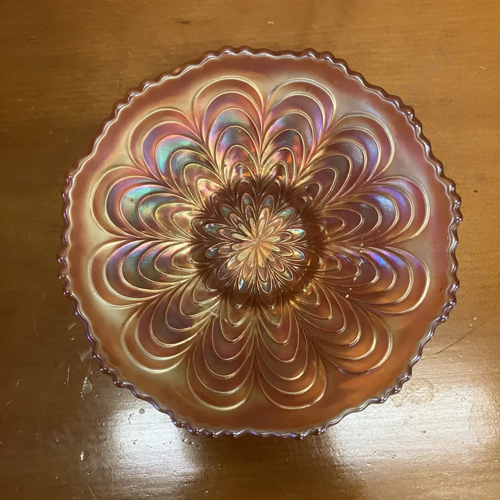 Fenton 'Peacock Tail' Marigold Iridescent Carnival Glass Ruffled Rim Dish Image 1++