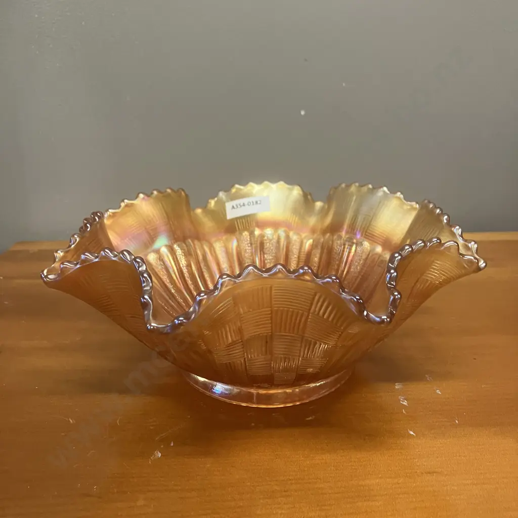 Antique Northwood Basketweave Stippled Ray Marigold Iridescent Carnival Glass Ruffled Rim Bowl Image 1++