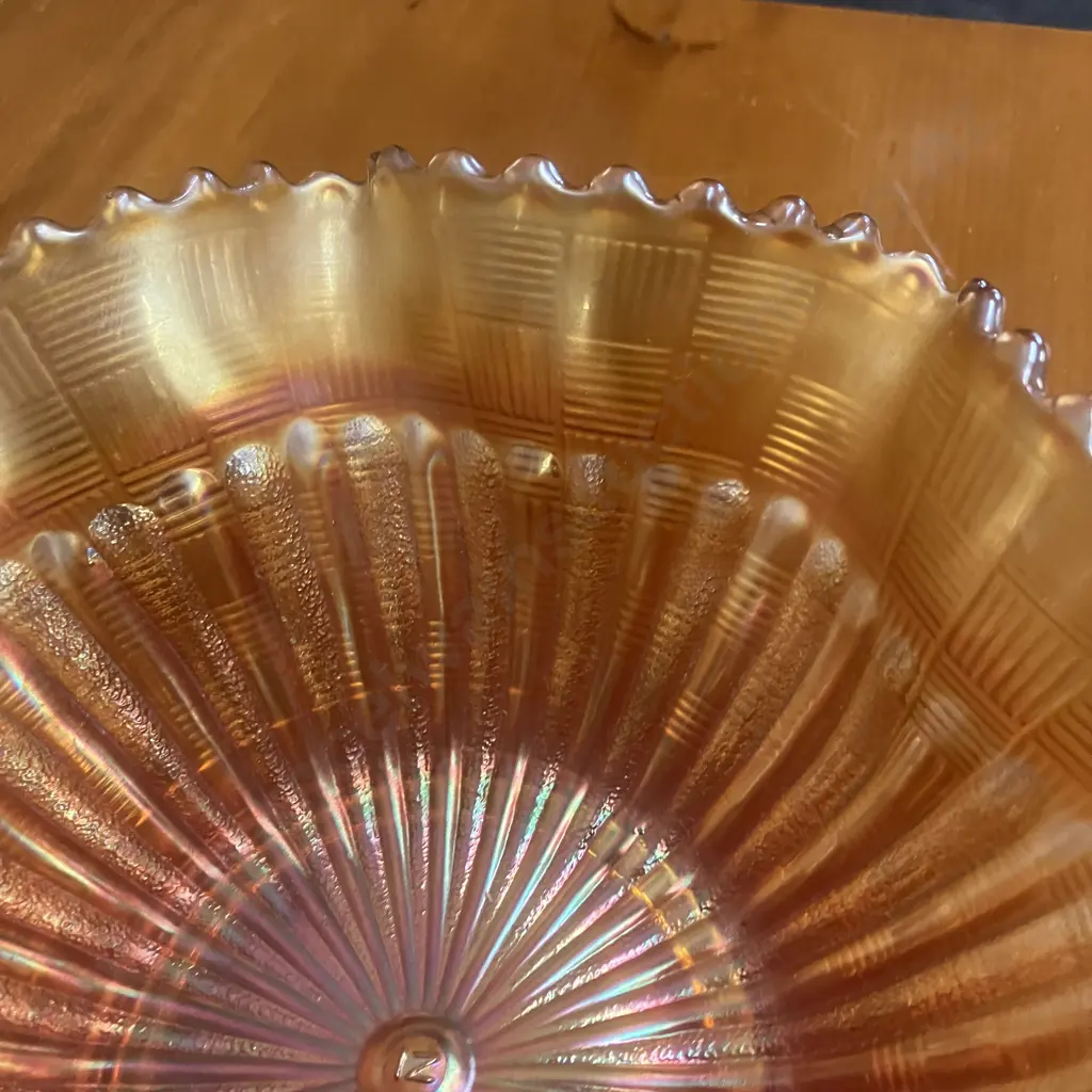 Antique Northwood Basketweave Stippled Ray Marigold Iridescent Carnival Glass Ruffled Rim Bowl Image 1++