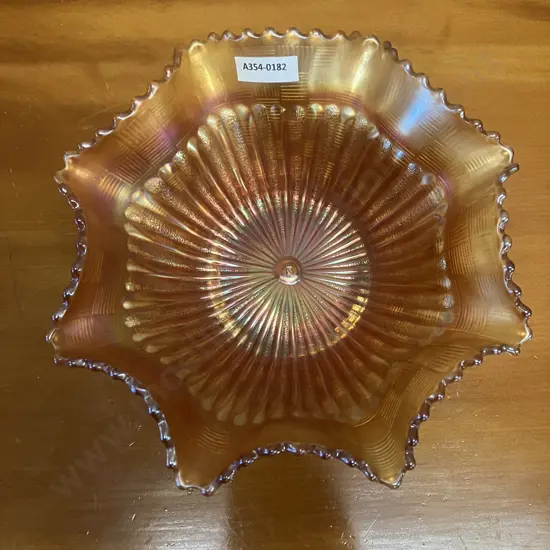 Antique Northwood Basketweave Stippled Ray Marigold Iridescent Carnival Glass Ruffled Rim Bowl