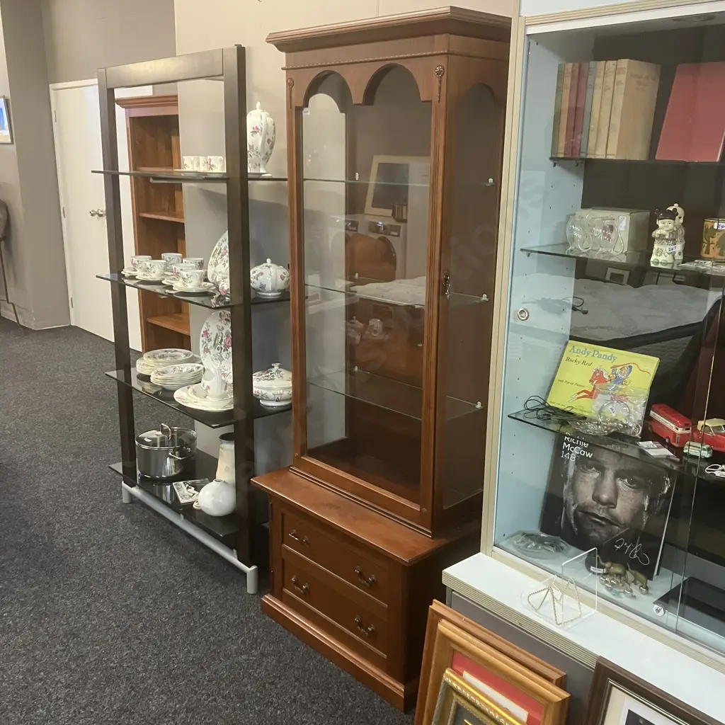 Mahogany Glazed Curio Cabinet, Opening Glass Side Doors, Door In Base, 3 Glass Shelves. H188 W73 D42cm Image 1++