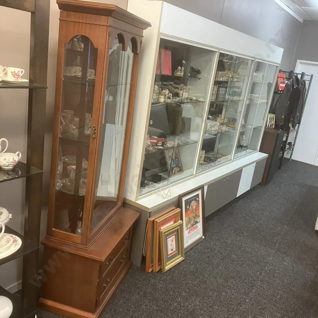 Mahogany Glazed Curio Cabinet, Opening Glass Side Doors, Door In Base, 3 Glass Shelves. H188 W73 D42cm Image 1++