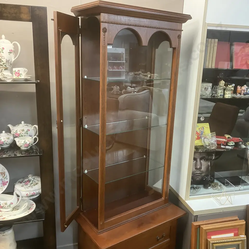 Mahogany Glazed Curio Cabinet, Opening Glass Side Doors, Door In Base, 3 Glass Shelves. H188 W73 D42cm Image 1++