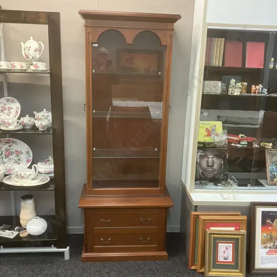 Mahogany Glazed Curio Cabinet, Opening Glass Side Doors, Door In Base, 3 Glass Shelves. H188 W73 D42cm