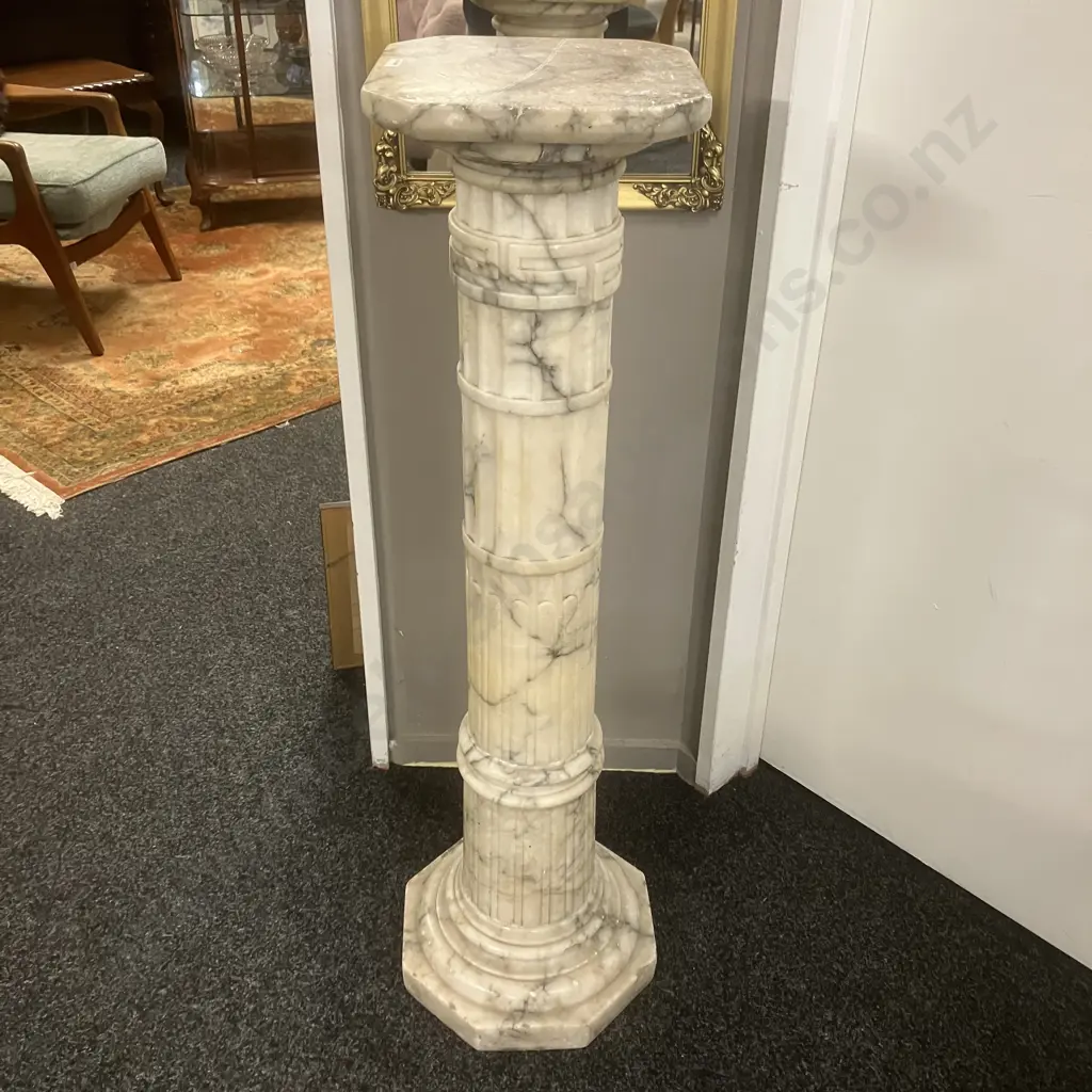 Antique Italian Ring Turned Alabaster Pedestal, Octagonal Base, Rotating Top. H107.5cm Image 1++