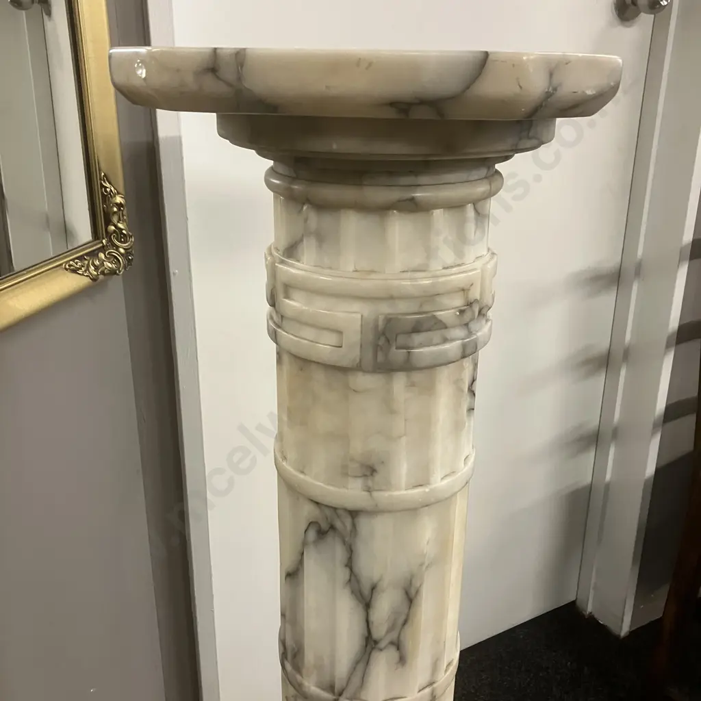 Antique Italian Ring Turned Alabaster Pedestal, Octagonal Base, Rotating Top. H107.5cm Image 1++