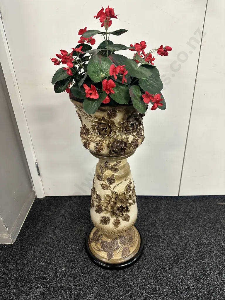 Ornate Begonia Floral Ceramic Planter With Stand. H73cm Image 1++