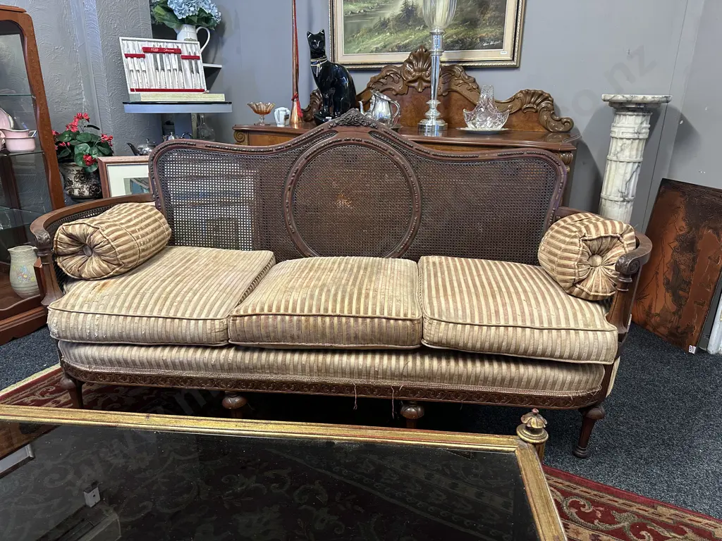 Bergere Cane Upholstered 3 Seater Sofa. 4 Legs In Front, Ornately Carved, Curved Arms (As Found) Image 1++