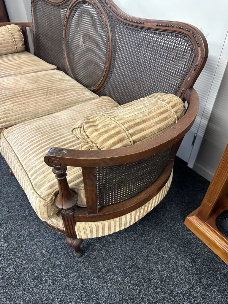 Bergere Cane Upholstered 3 Seater Sofa. 4 Legs In Front, Ornately Carved, Curved Arms (As Found) Image 1++