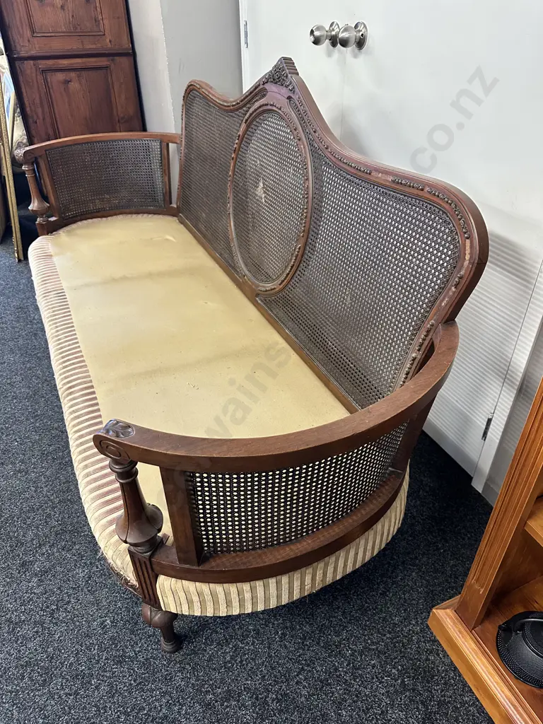 Bergere Cane Upholstered 3 Seater Sofa. 4 Legs In Front, Ornately Carved, Curved Arms (As Found) Image 1++