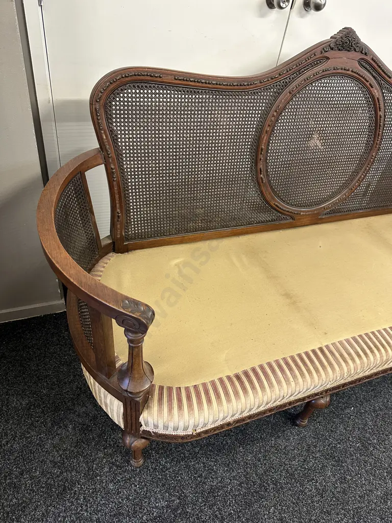 Bergere Cane Upholstered 3 Seater Sofa. 4 Legs In Front, Ornately Carved, Curved Arms (As Found) Image 1++