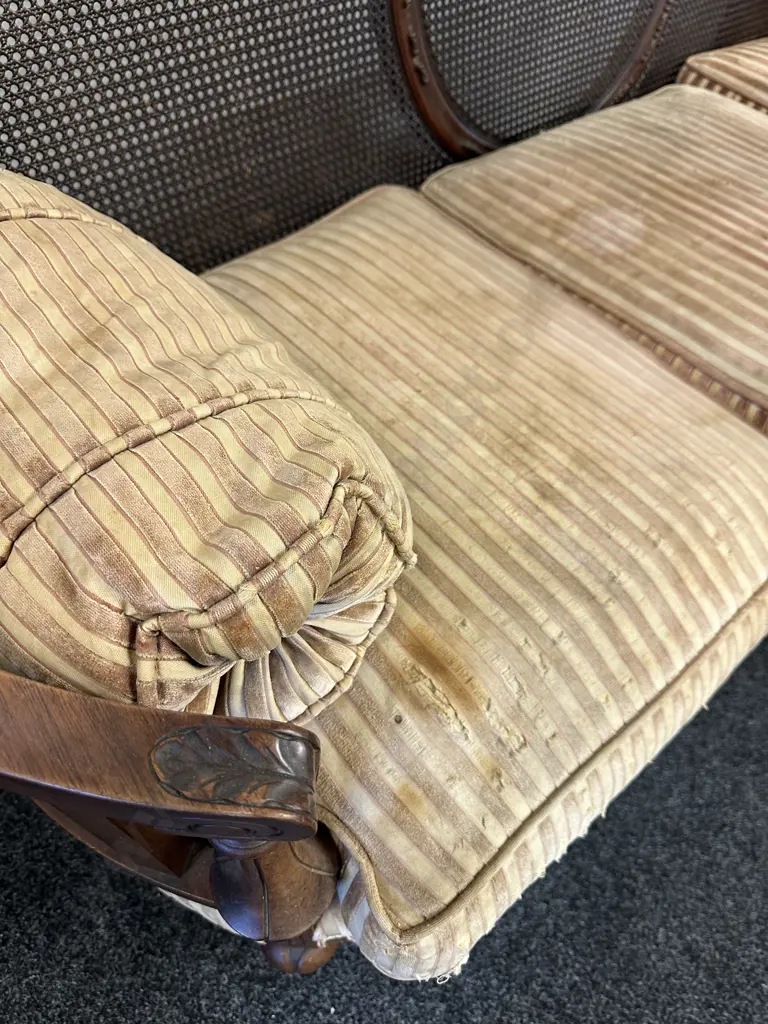 Bergere Cane Upholstered 3 Seater Sofa. 4 Legs In Front, Ornately Carved, Curved Arms (As Found) Image 1++