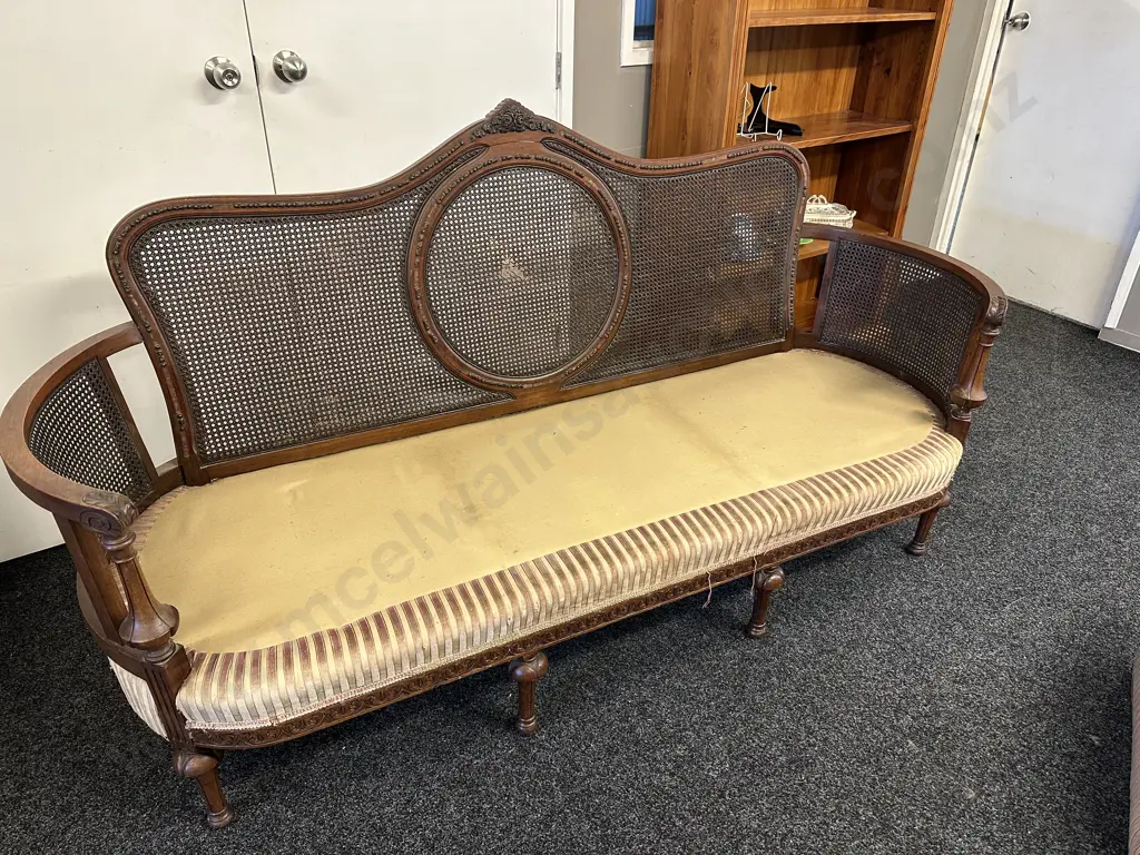 Bergere Cane Upholstered 3 Seater Sofa. 4 Legs In Front, Ornately Carved, Curved Arms (As Found) Image 1++