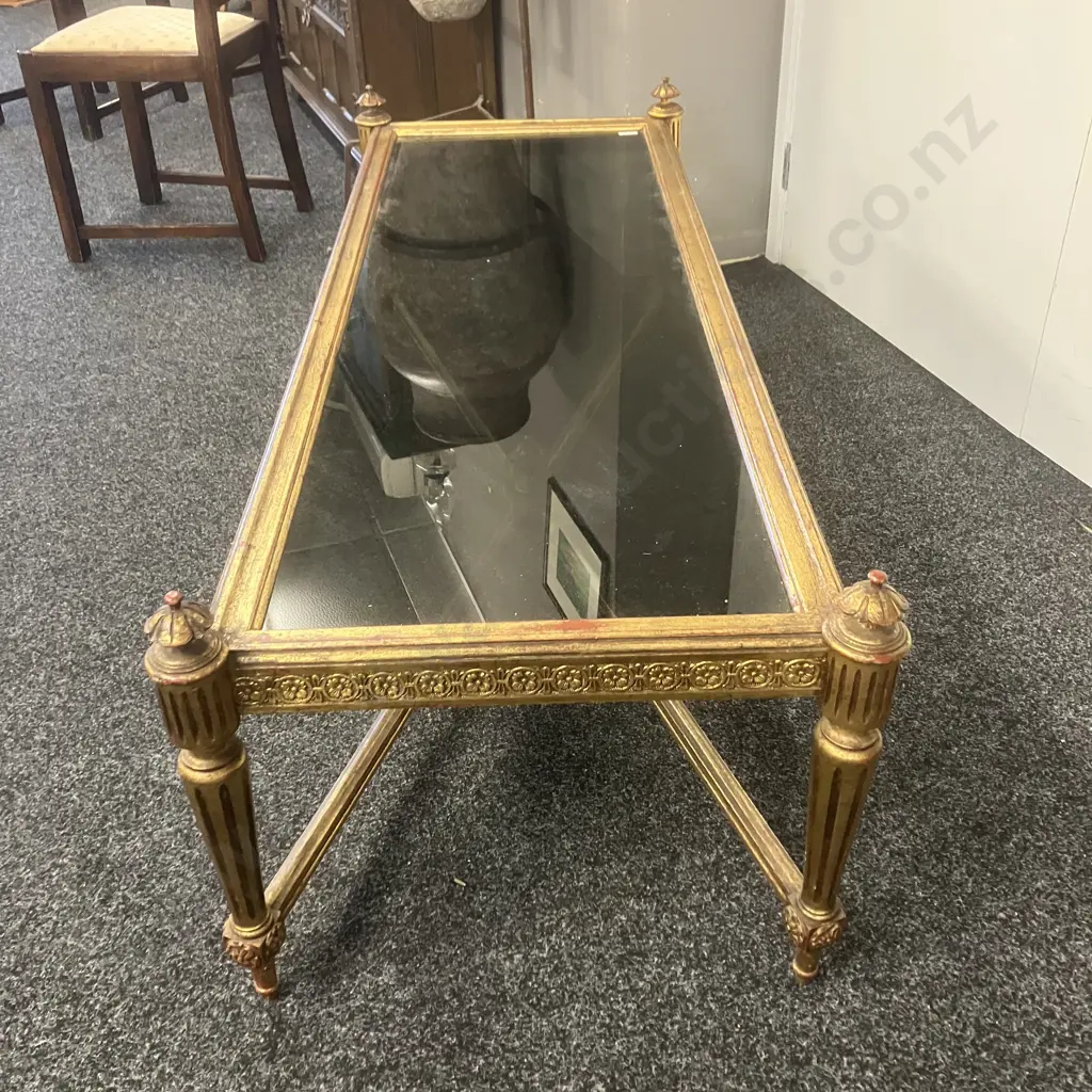 Louis XVI Style Giltwood Coffee Table With Stretcher Base, Smoked Glass Top. H48 W148 D56cm Image 1++