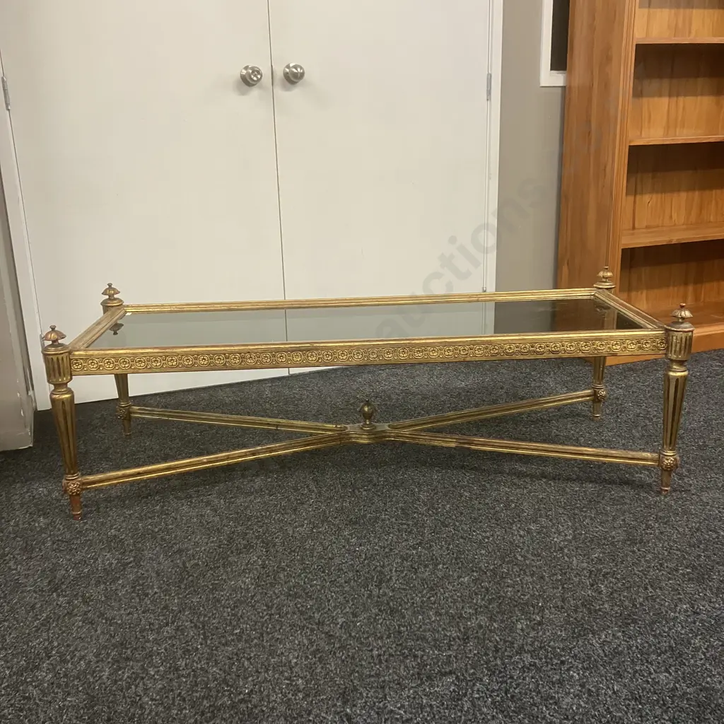 Louis XVI Style Giltwood Coffee Table With Stretcher Base, Smoked Glass Top. H48 W148 D56cm Image 1++