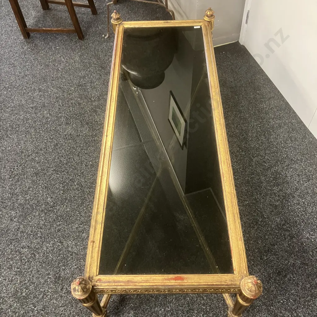 Louis XVI Style Giltwood Coffee Table With Stretcher Base, Smoked Glass Top. H48 W148 D56cm Image 1++