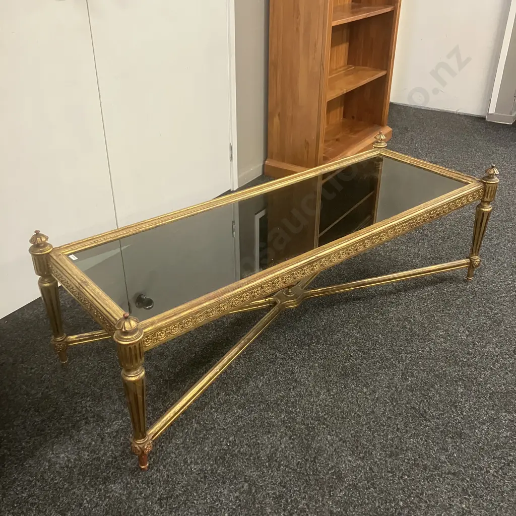 Louis XVI Style Giltwood Coffee Table With Stretcher Base, Smoked Glass Top. H48 W148 D56cm Image 1++