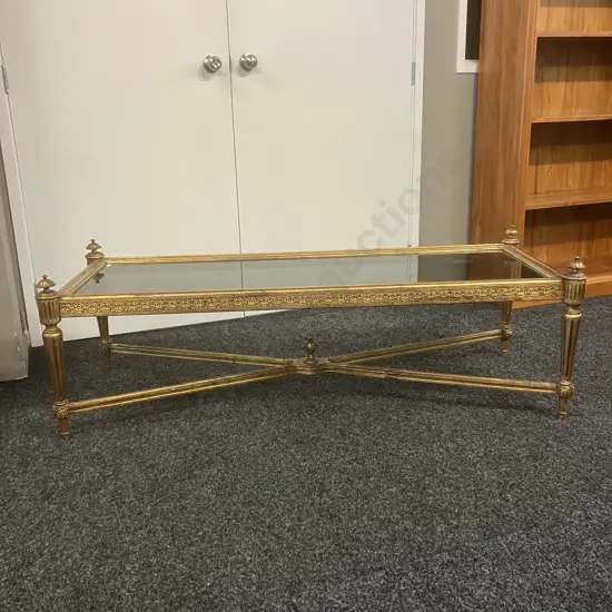 Louis XVI Style Giltwood Coffee Table With Stretcher Base, Smoked Glass Top. H48 W148 D56cm