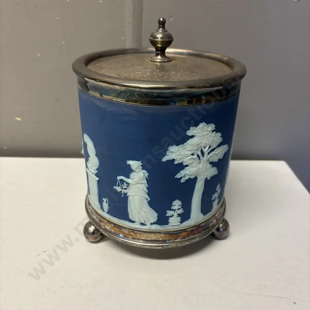 Wedgwood Dark Blue Jasperware Biscuit Barrell Image 1++