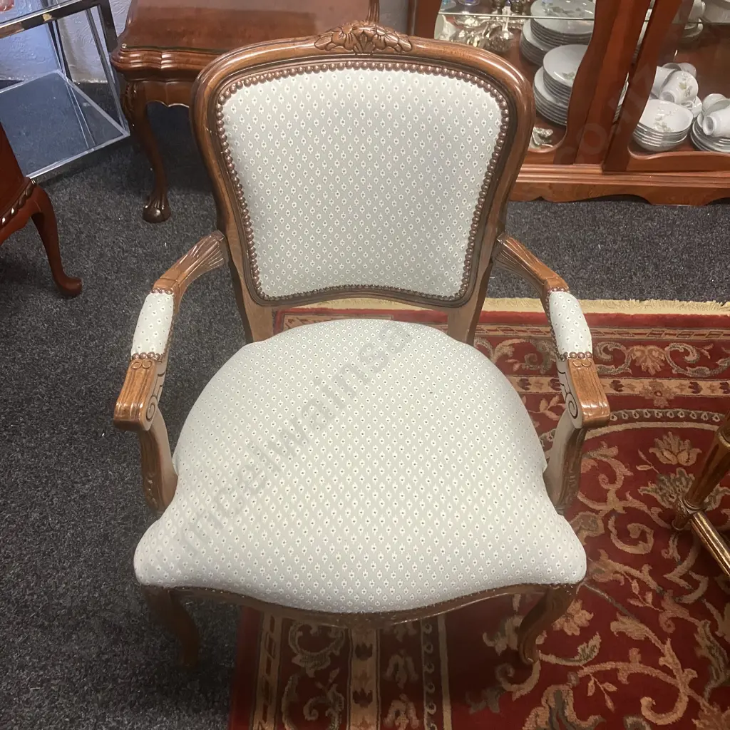 Ornate Louis XV Style Carved Open Armchair, Mint Green Flecked Upholstery. W62cm Image 1++