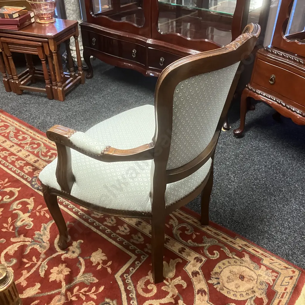 Ornate Louis XV Style Carved Open Armchair, Mint Green Flecked Upholstery. W62cm Image 1++