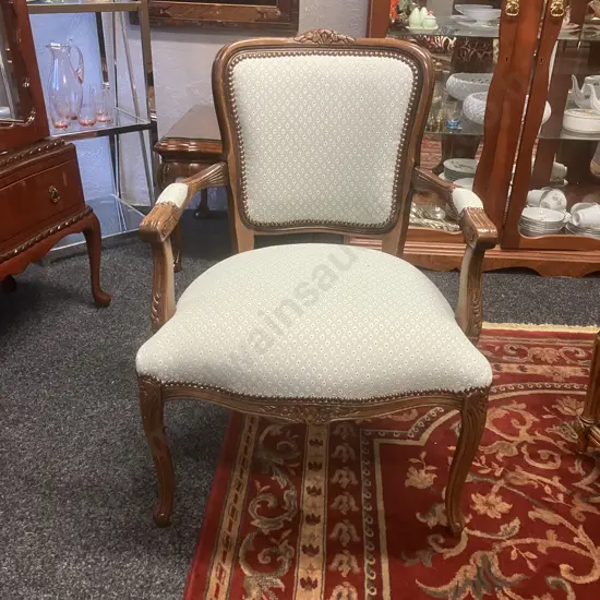Ornate Louis XV Style Carved Open Armchair, Mint Green Flecked Upholstery. W62cm