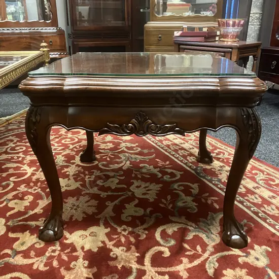 Ornate Heavily Carved Side Table, Scalloped Edge, Ball & Claw Feet, Glass Top. 48 x 58cm