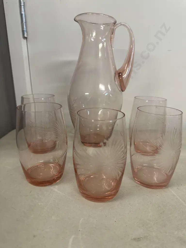 Vintage Pink Pitcher & Thin Glasses Etched Five  Image 1++