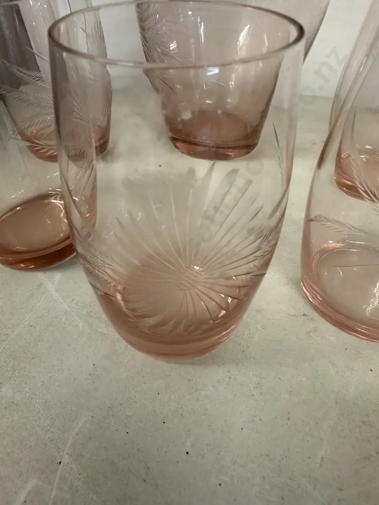 Vintage Pink Pitcher & Thin Glasses Etched Five  Image 1++