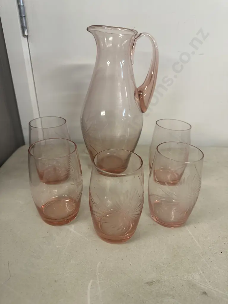 Vintage Pink Pitcher & Thin Glasses Etched Five  Image 1++