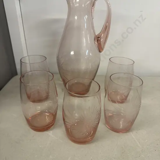 Vintage Pink Pitcher & Thin Glasses Etched Five 