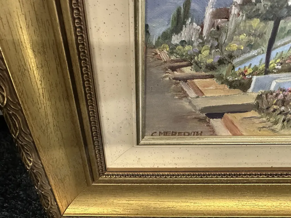 Street Scene Oil Painting Signed C. Meredith, Ornate Gilt Frame. 51 x 61cm Image 1++