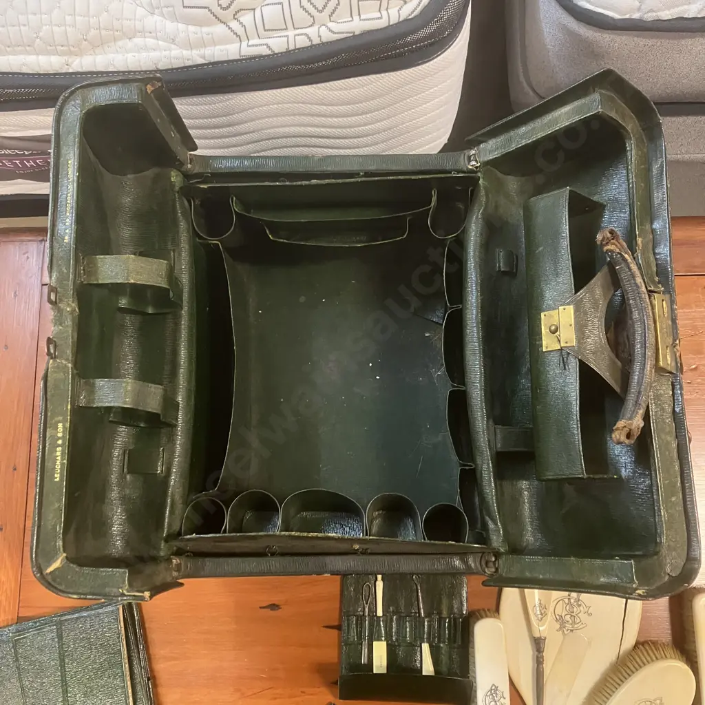 Leuchars & Son 19th Century Green Moroccan Leather Gladstone-style Vanity Case, Ivory Mounted Dressing Table Set Etc Image 1++