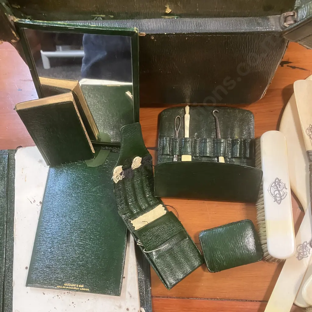 Leuchars & Son 19th Century Green Moroccan Leather Gladstone-style Vanity Case, Ivory Mounted Dressing Table Set Etc Image 1++