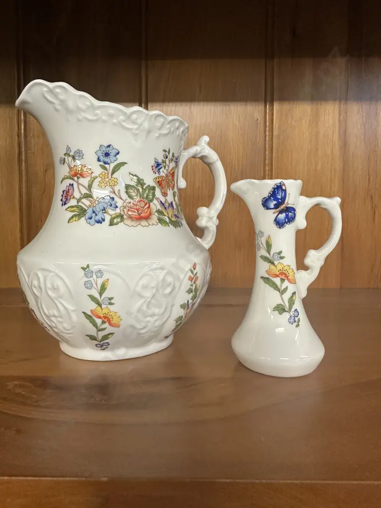 Vintage Aynsley China Cottage Garden Pitcher/Creamer H14.5cm, Miniature Pitcher/Vase H10cm.  Image 1++