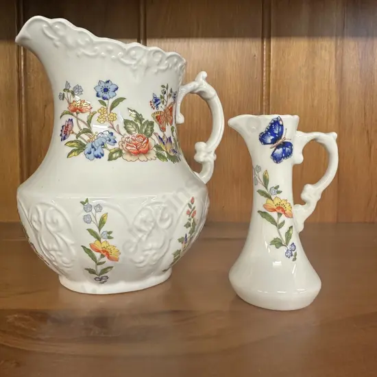 Vintage Aynsley China Cottage Garden Pitcher/Creamer H14.5cm, Miniature Pitcher/Vase H10cm. 