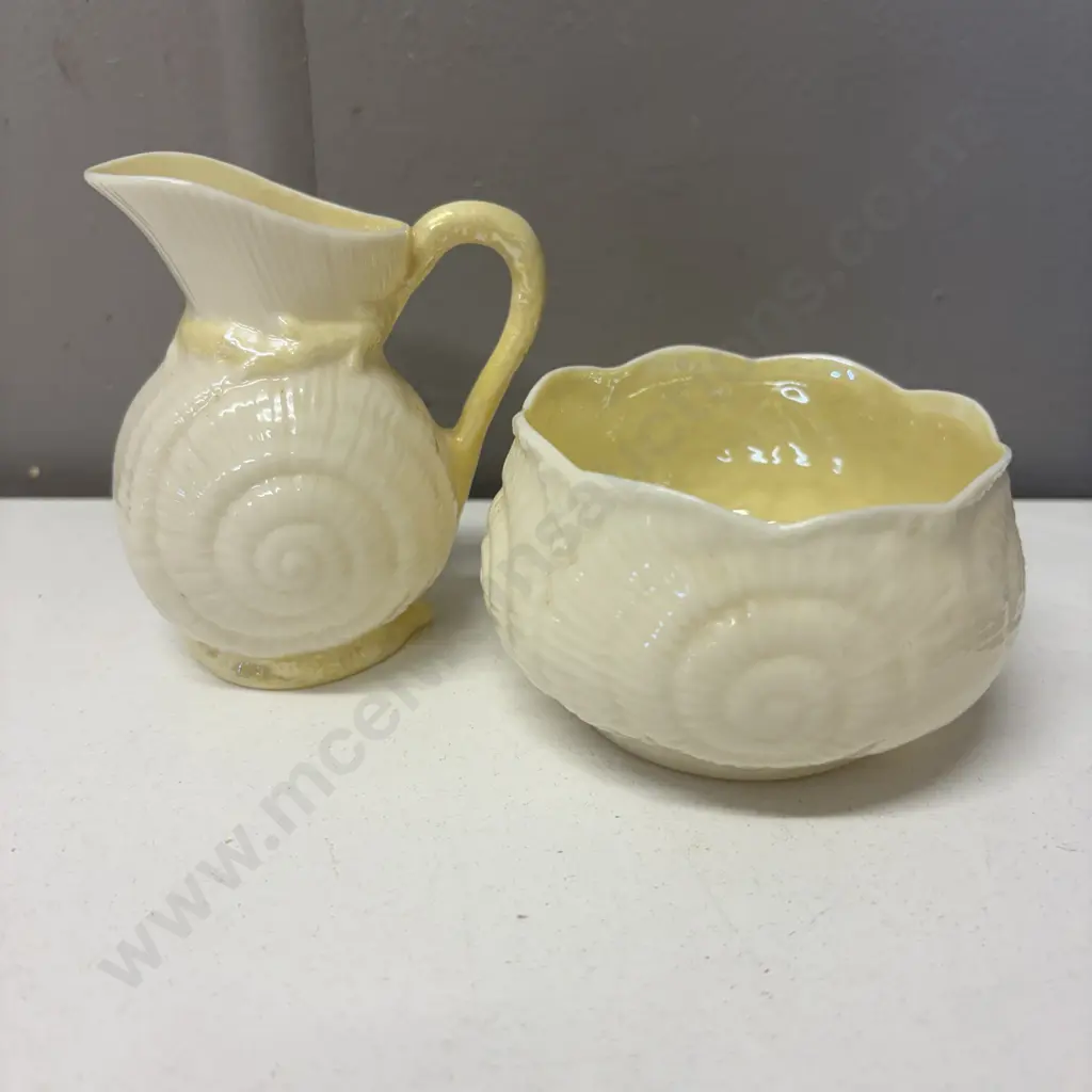 Belleek Green Mark Shell Cream jug and sugar bowl Image 1++