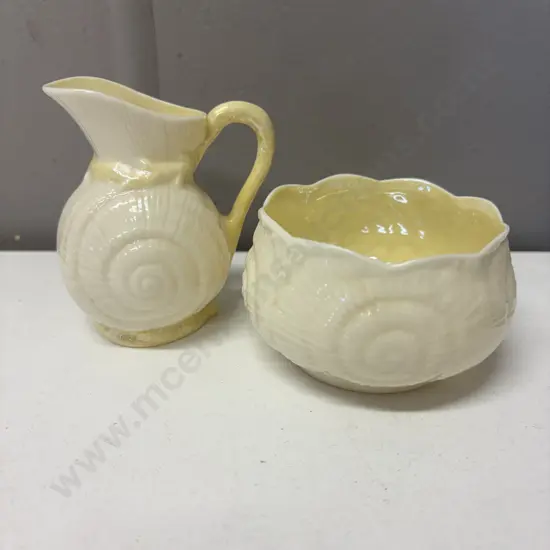 Belleek Green Mark Shell Cream jug and sugar bowl