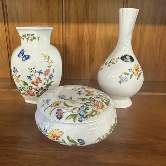 Vintage Aynsley China Cottage Garden Round Lidded Trinket Dish & Vases