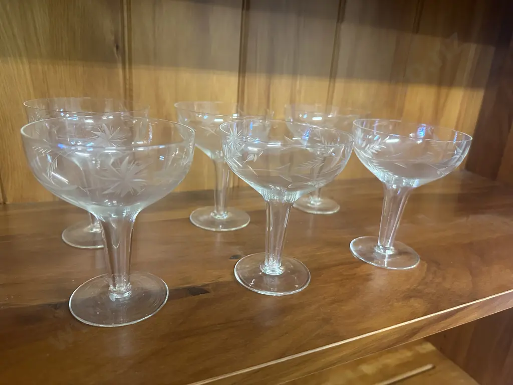 Set Of Six Vintage Crystal Hollow Stemmed Glasses Image 1++