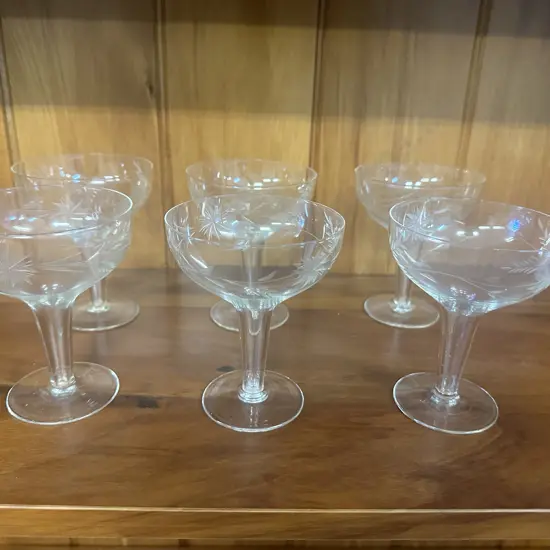 Set Of Six Vintage Crystal Hollow Stemmed Glasses