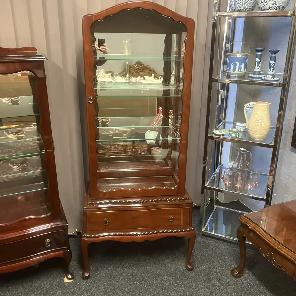 Queen Anne Style Mahogany Dome Top Cabinet, 4 Adj Glass Shelves, Mirror Back, Drawer In Base, Rope Edged. H170 W75 D41cm Image 1++