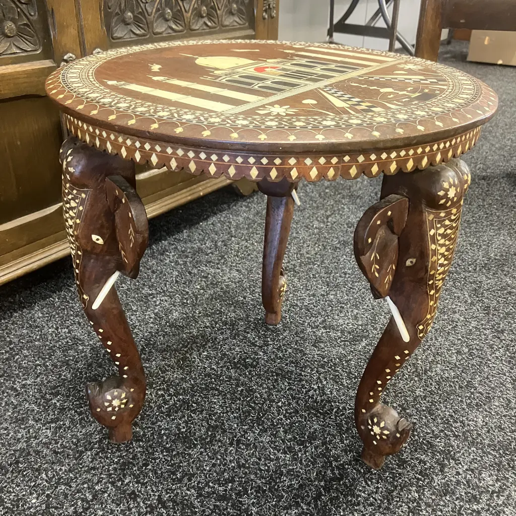 Rare Anglo-Indian Taj Mahal Elephant Hardwood Inlaid Side Table. 41 x 41cm, (As Found) Image 1++