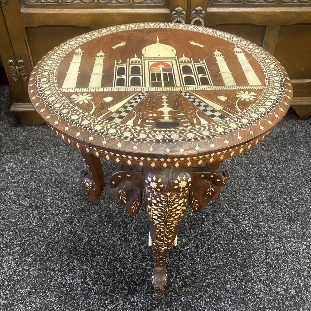Rare Anglo-Indian Taj Mahal Elephant Hardwood Inlaid Side Table. 41 x 41cm, (As Found) Image 1++