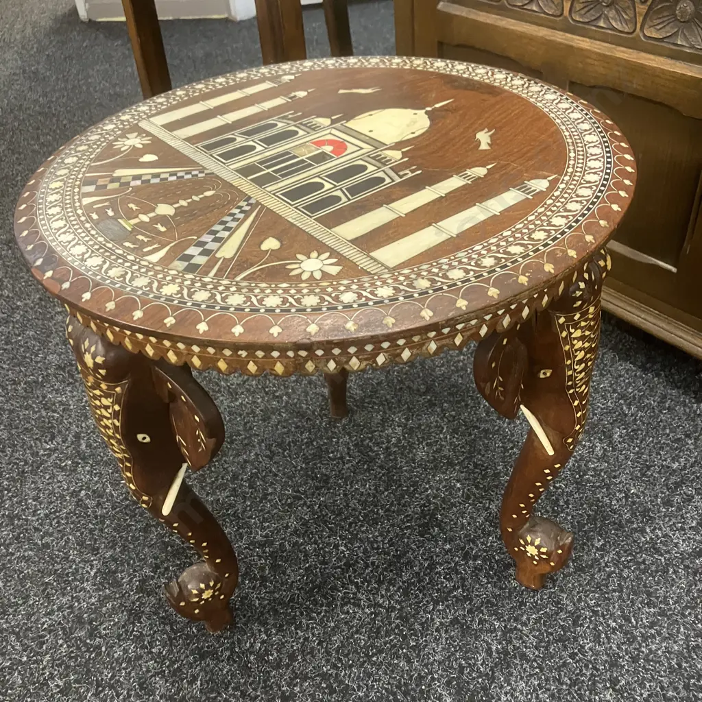 Rare Anglo-Indian Taj Mahal Elephant Hardwood Inlaid Side Table. 41 x 41cm, (As Found) Image 1++