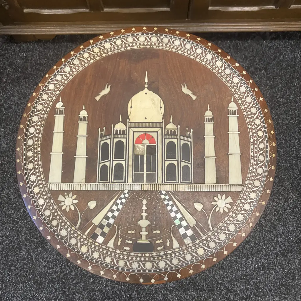 Rare Anglo-Indian Taj Mahal Elephant Hardwood Inlaid Side Table. 41 x 41cm, (As Found) Image 1++